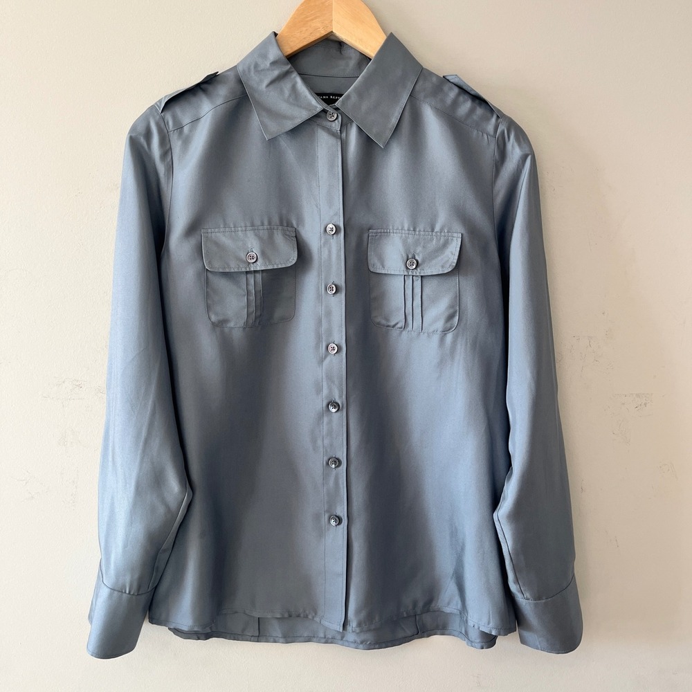 Banana Republic Utility Silk Button Down Shirt Military Slate Gray S 100% Silk